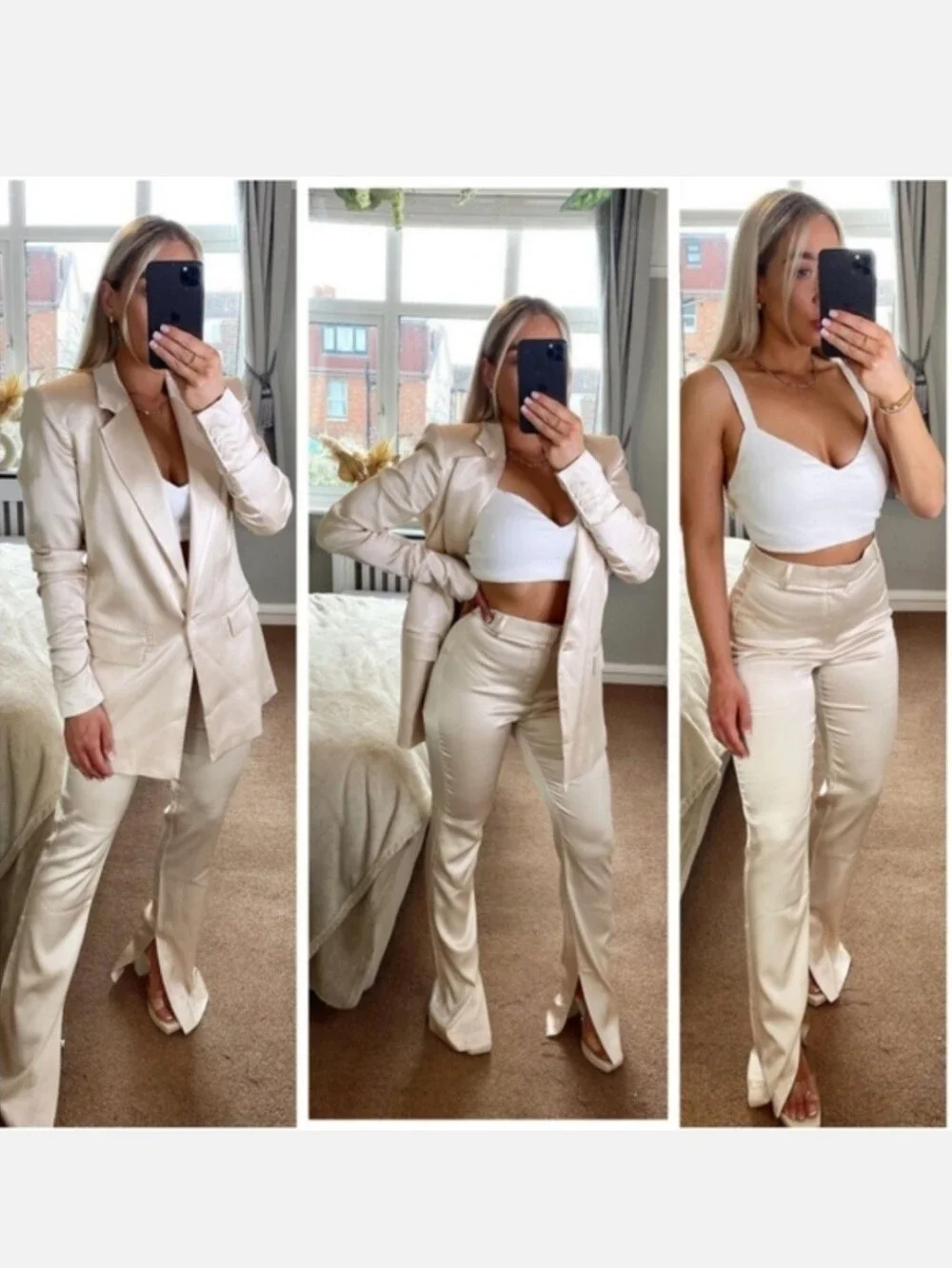 Zara Set 2 pc Matching Satin Effect Blazer and Pants Cream Size XS/S - Picture 7 of 13